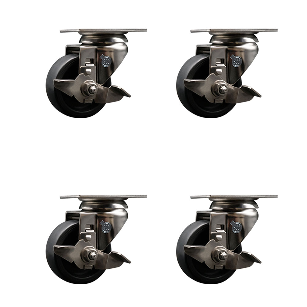 Polyolefin Swivel Top Plate Caster Wheels Set of 4 with 3 Inch Black Wheels - 316 Stainless Steel Casters -Includes 4 Swivel Casters with Top Lock Brakes-1,200 lbs. Total Capacity-Service Caster Brand — photo 1