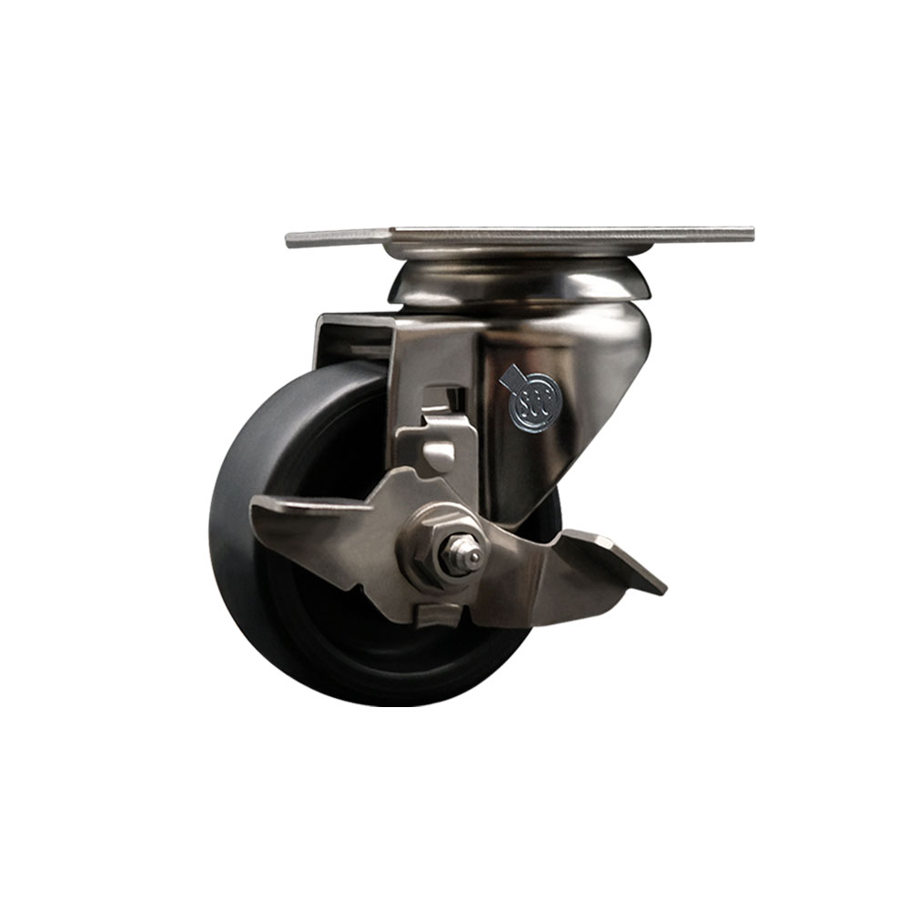 Polyolefin Swivel Top Plate Caster Wheel with 3 Inch Black Wheel and Top Lock Brake - 316 Stainless Steel Caster - 300 lbs. Capacity Per Caster - Service Caster Brand — photo 1