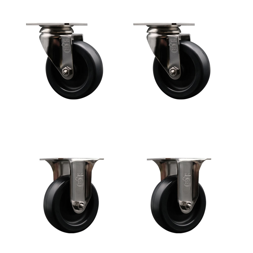 Polyolefin Swivel Top Plate Caster Wheels Set of 4 with 4 Inch Black Wheels - 316 Stainless Steel Casters - Includes 2 Swivel Casters and 2 Rigid Casters - Service Caster Brand — photo 1