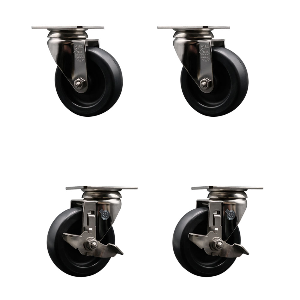 Polyolefin Swivel Top Plate Caster Wheels Set of 4 with 4 Inch Black Wheels - 316 Stainless Steel Casters - Includes 2 Swivel with Top Lock Brakes and 2 Swivel - Service Caster Brand — photo 1