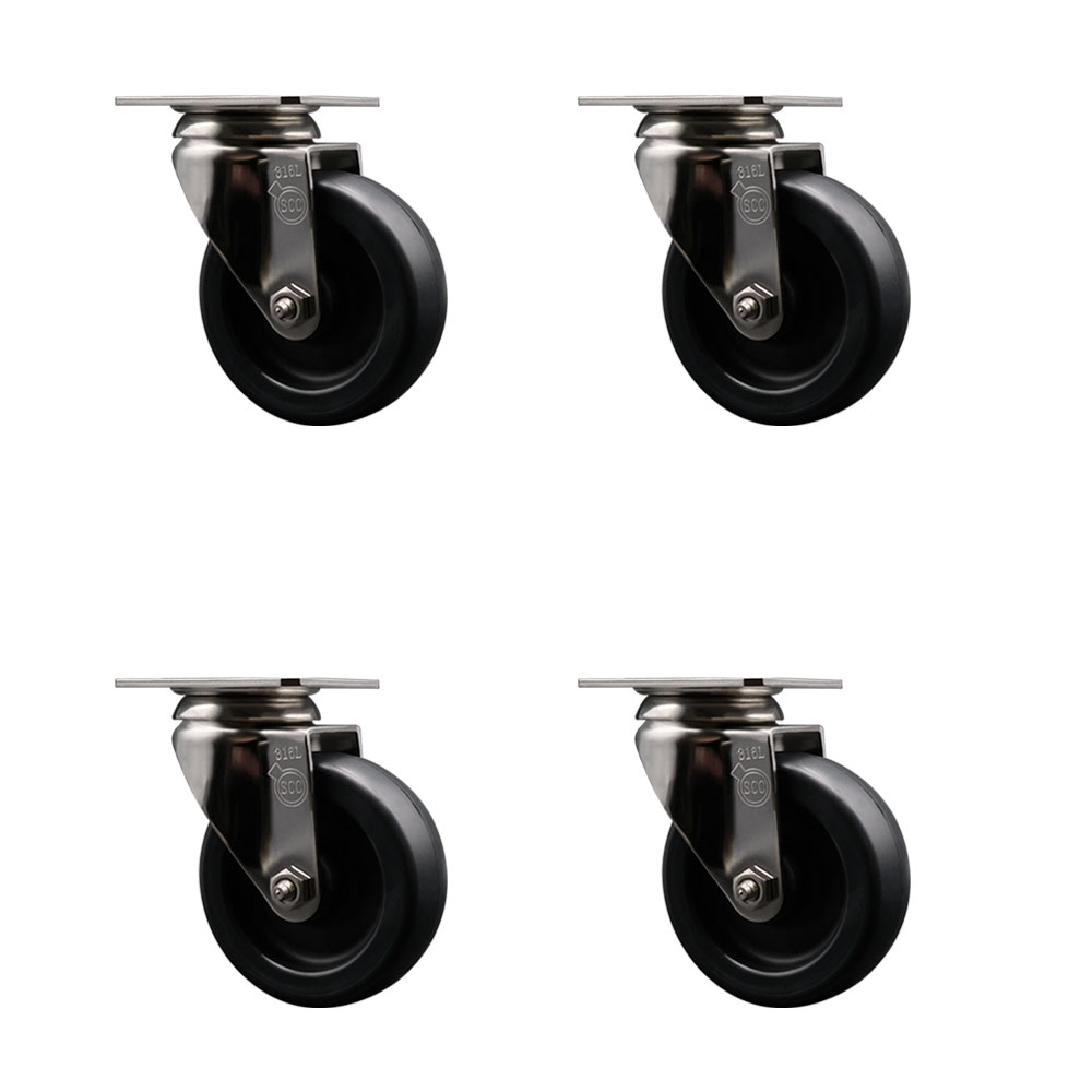 Polyolefin Swivel Top Plate Caster Wheels Set of 4 with 4 Inch Black Wheels - 316 Stainless Steel Casters - Includes 4 Swivel Casters - 1,400 lbs. Total Capacity - Service Caster Brand — photo 1