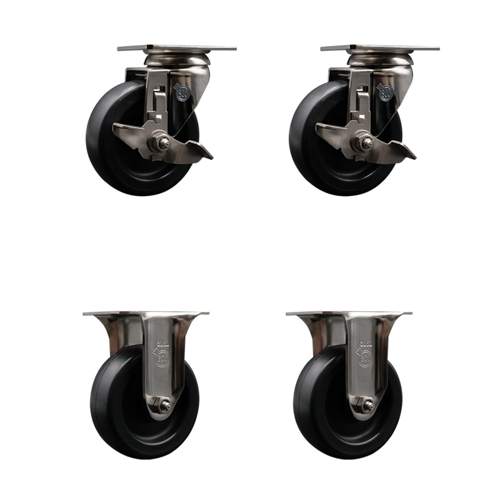 Polyolefin Swivel Top Plate Caster Wheels Set of 4 with 4 Inch Black Wheels - 316 Stainless Steel Casters - Includes 2 Swivel with Top Lock Brakes and 2 Rigid - Service Caster Brand — photo 1