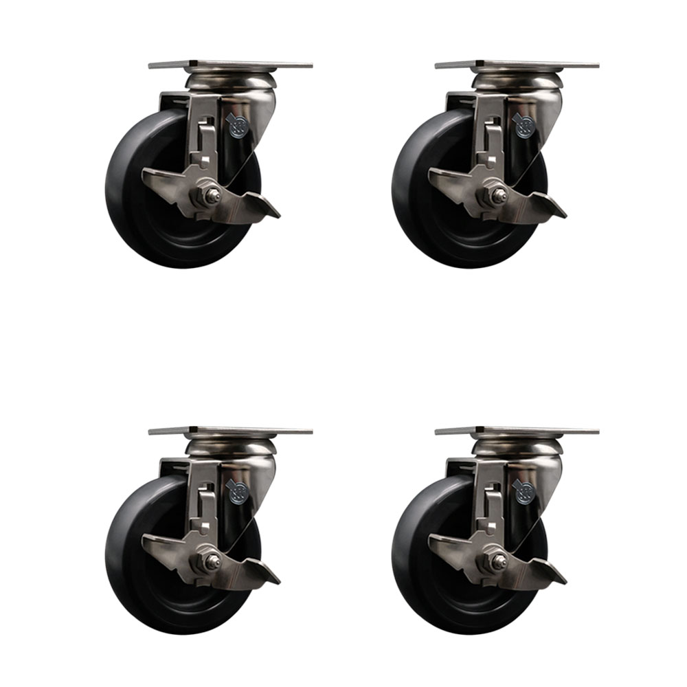 Polyolefin Swivel Top Plate Caster Wheels Set of 4 with 4 Inch Black Wheels - 316 Stainless Steel Casters -Includes 4 Swivel Casters with Top Lock Brakes-1,400 lbs. Total Capacity-Service Caster Brand — photo 1