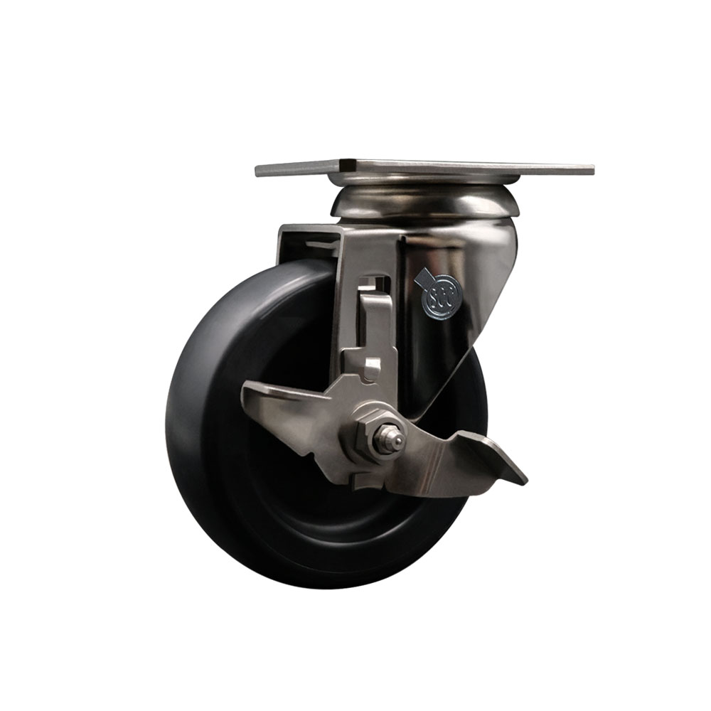 Polyolefin Swivel Top Plate Caster Wheel with 4 Inch Black Wheel and Top Lock Brake - 316 Stainless Steel Caster - 350 lbs. Capacity Per Caster - Service Caster Brand — photo 1