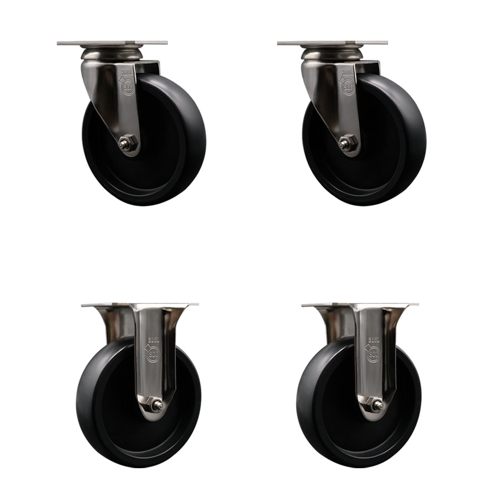 Polyolefin Swivel Top Plate Caster Wheels Set of 4 with 5 Inch Black Wheels - 316 Stainless Steel Casters - Includes 2 Swivel Casters and 2 Rigid Casters - Service Caster Brand — photo 1
