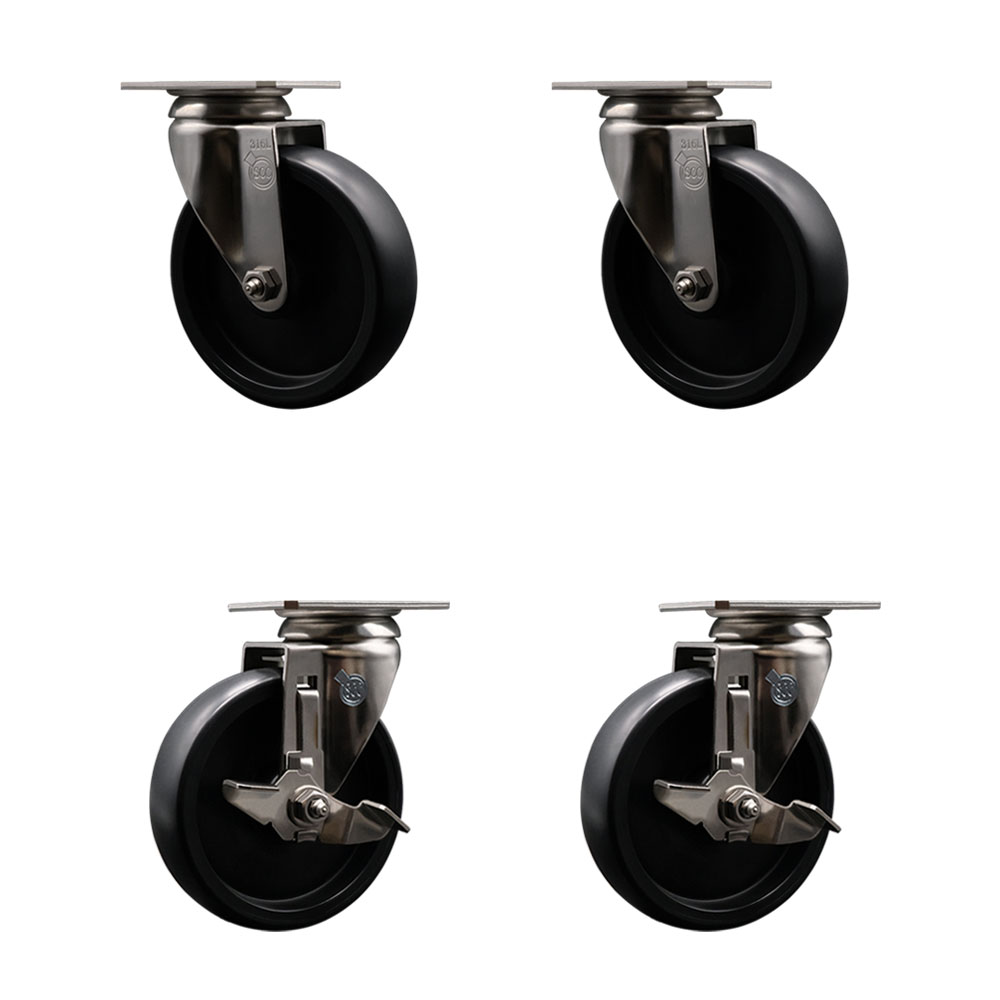 Polyolefin Swivel Top Plate Caster Wheels Set of 4 with 5 Inch Black Wheels - 316 Stainless Steel Casters - Includes 2 Swivel with Top Lock Brakes and 2 Swivel - Service Caster Brand — photo 1