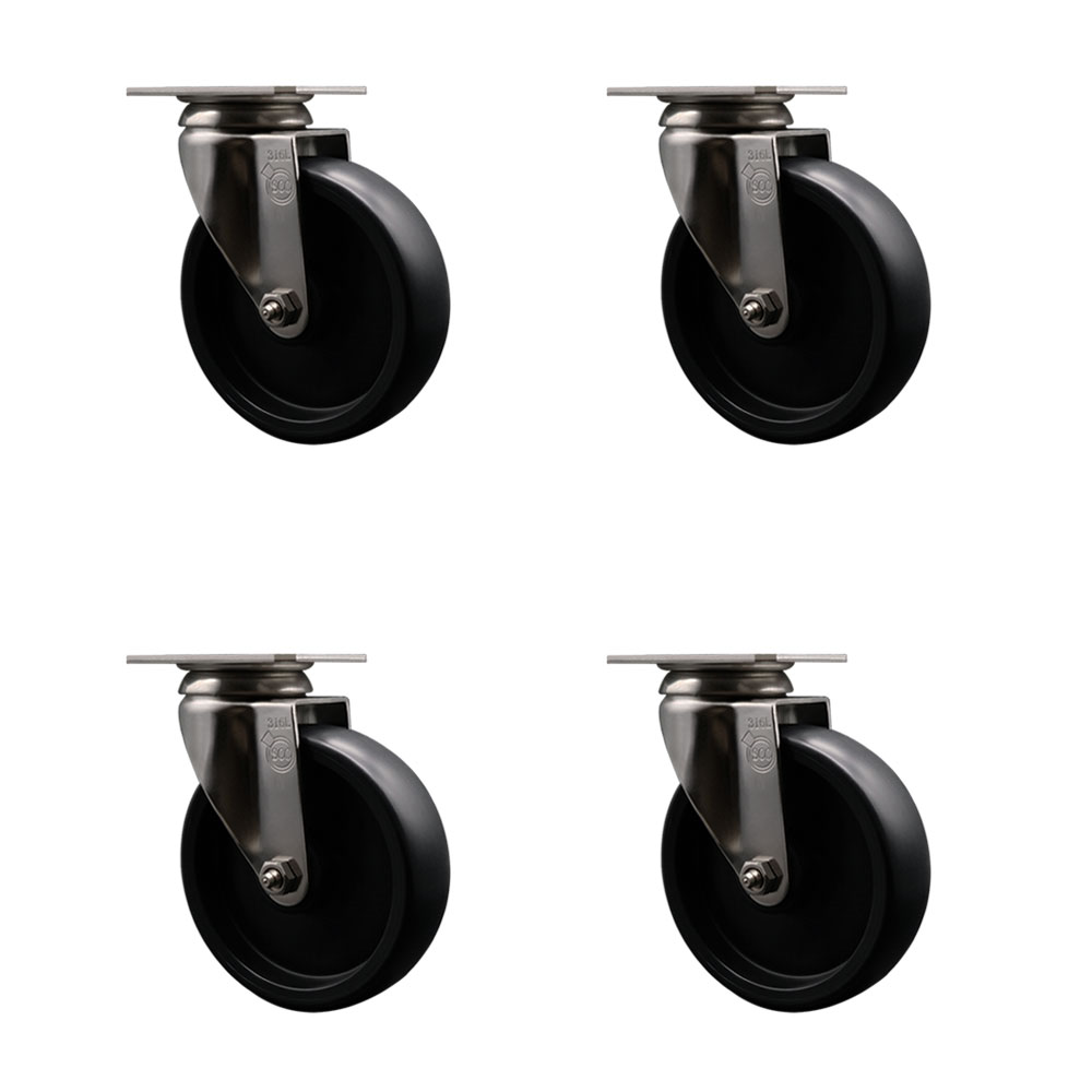 Polyolefin Swivel Top Plate Caster Wheels Set of 4 with 5 Inch Black Wheels - 316 Stainless Steel Casters - Includes 4 Swivel Casters - 1,400 lbs. Total Capacity - Service Caster Brand — photo 1