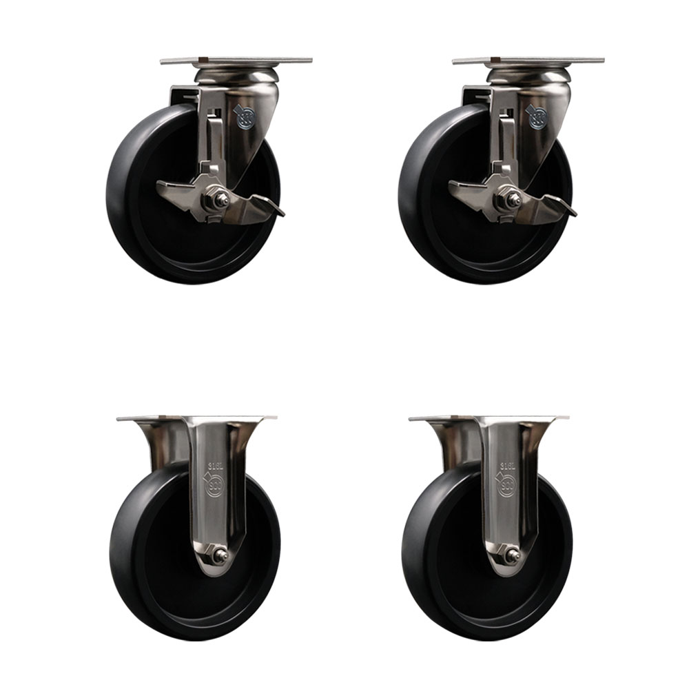 Polyolefin Swivel Top Plate Caster Wheels Set of 4 with 5 Inch Black Wheels - 316 Stainless Steel Casters - Includes 2 Swivel with Top Lock Brakes and 2 Rigid - Service Caster Brand — photo 1