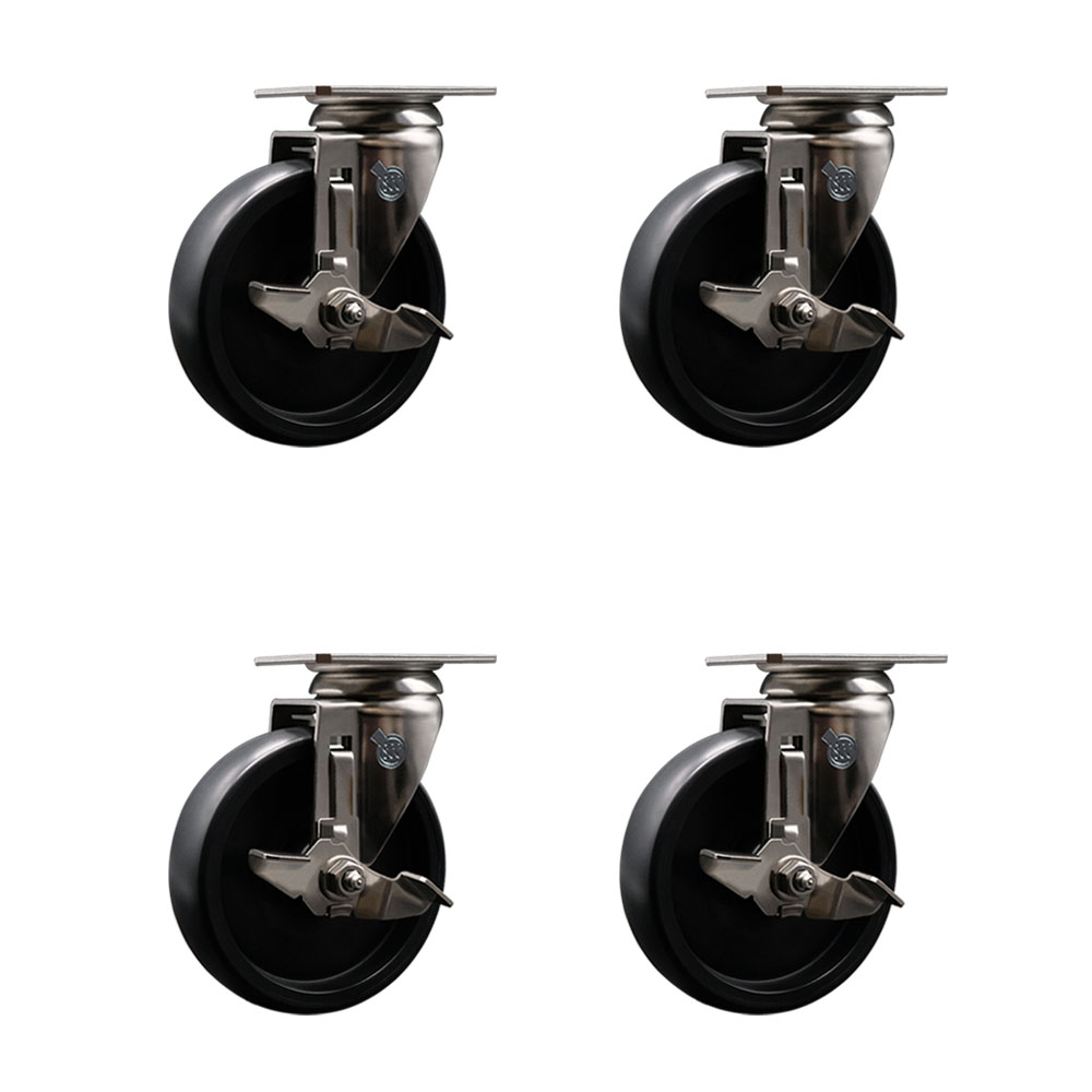 Polyolefin Swivel Top Plate Caster Wheels Set of 4 with 5 Inch Black Wheels - 316 Stainless Steel Casters -Includes 4 Swivel Casters with Top Lock Brakes-1,400 lbs. Total Capacity-Service Caster Brand — photo 1
