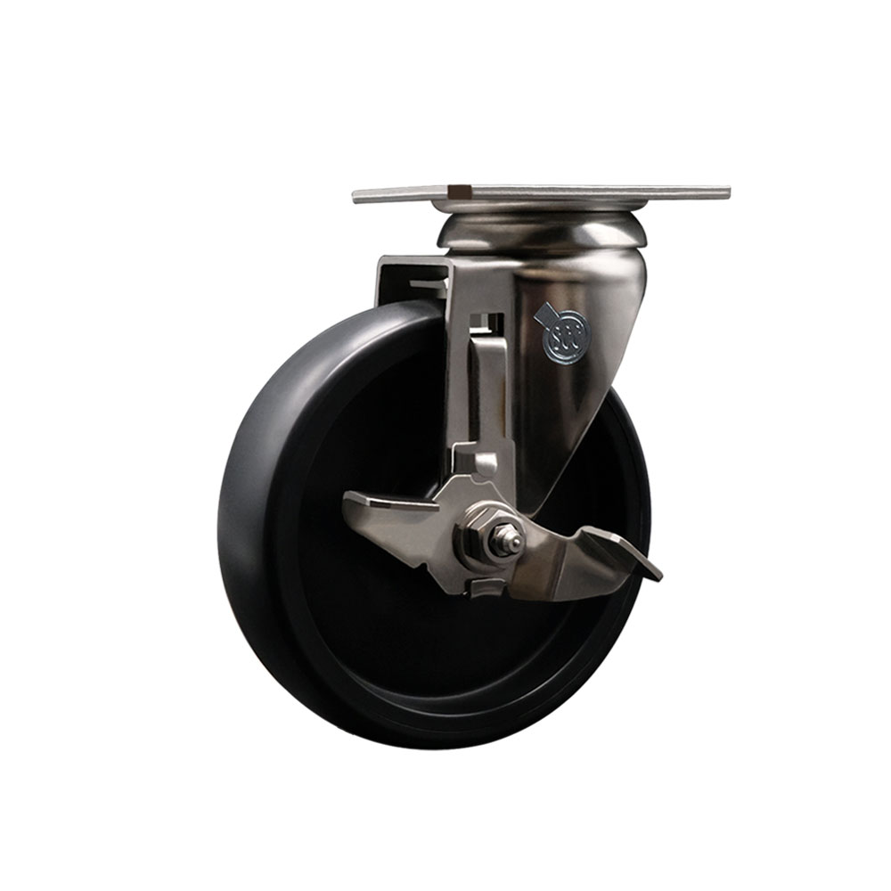Polyolefin Swivel Top Plate Caster Wheel with 5 Inch Black Wheel and Top Lock Brake - 316 Stainless Steel Caster - 350 lbs. Capacity Per Caster - Service Caster Brand — photo 1