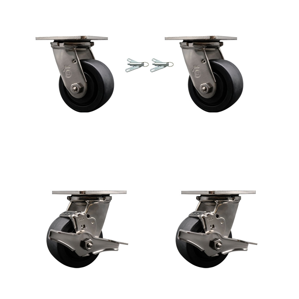 316 Stainless Steel Heavy Duty Swivel Caster Set with 4 Inch Glass Filled Nylon Wheels - Includes 2 Swivel with Bolt on Swivel Locks and 2 Swivel with Brakes - Service Caster Brand — photo 1