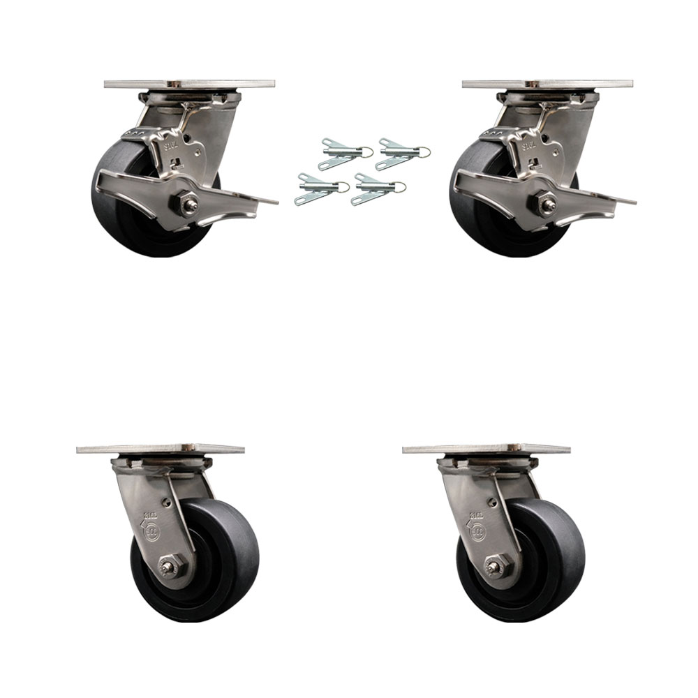 316 Stainless Heavy Duty Swivel Caster Set with 4 Inch Glass Filled Nylon Wheel and Delrin Bearing-Include 2 Swivel w/Brake& Bolt on Swivel Lock and 2 Swivel w/Bolt on Swivel Lock-Service Caster Brand — photo 1