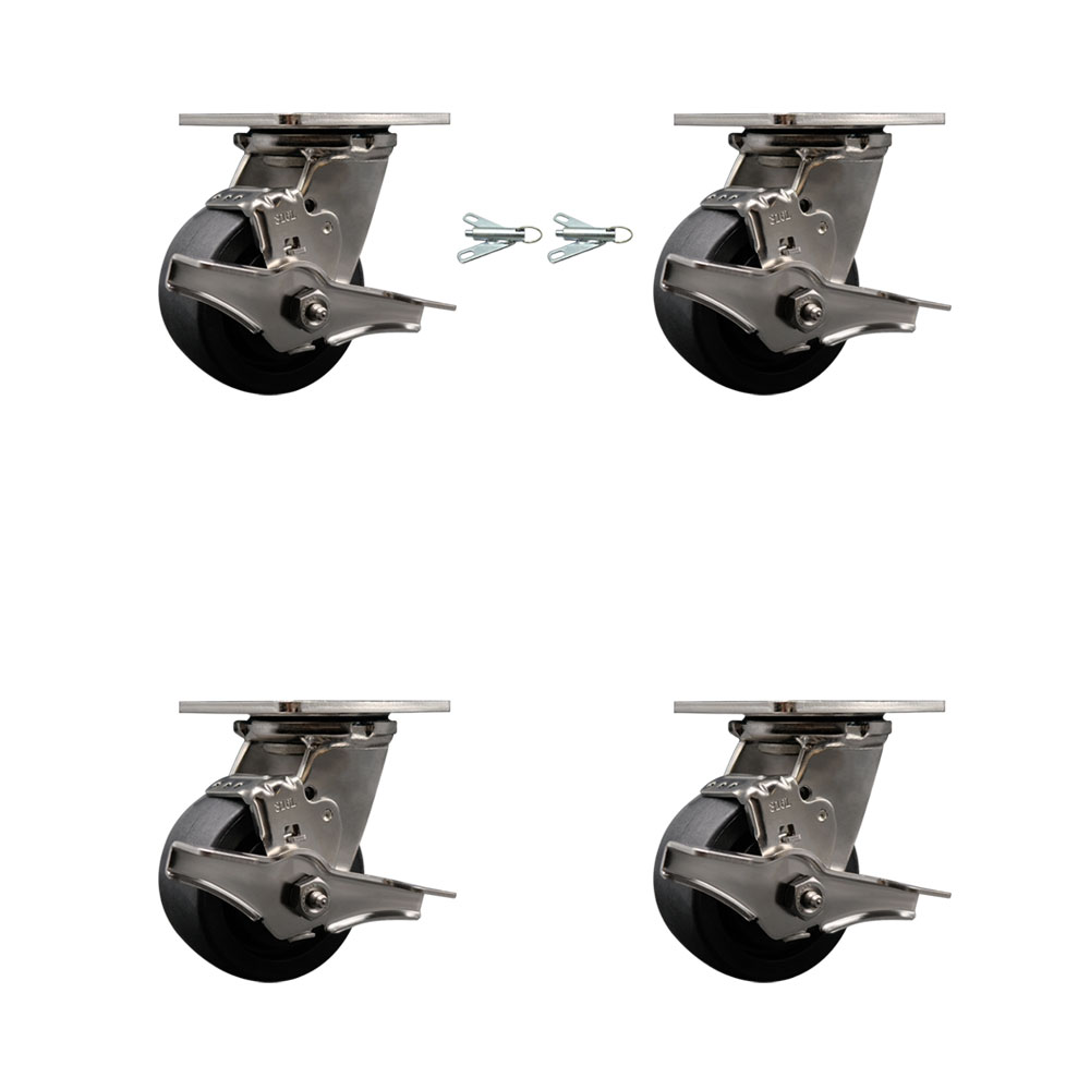316 Stainless Steel Heavy Duty Swivel Caster Set with 4 Inch Glass Filled Nylon Wheels and Delrin Bearing - Include 2 Swivel with Brake & Bolt on Swivel Lock and 2 Swivel w/Brakes-Service Caster Brand — photo 1
