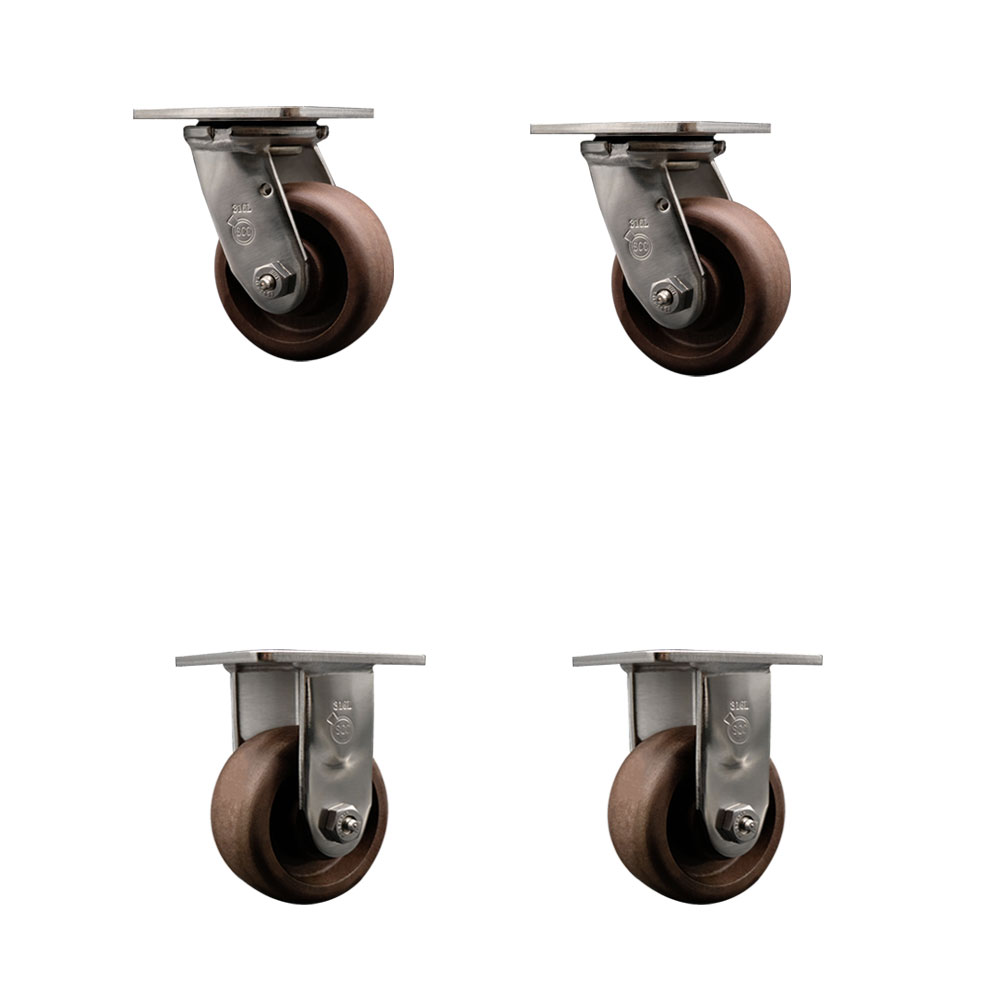 316 Stainless Steel Heavy Duty Swivel Caster Set of 4 with 4 Inch High Temperature Glass Filled Nylon Wheels - Includes 2 Swivel and 2 Rigid - 2,400 lbs. Total Capacity - Service Caster Brand — photo 1