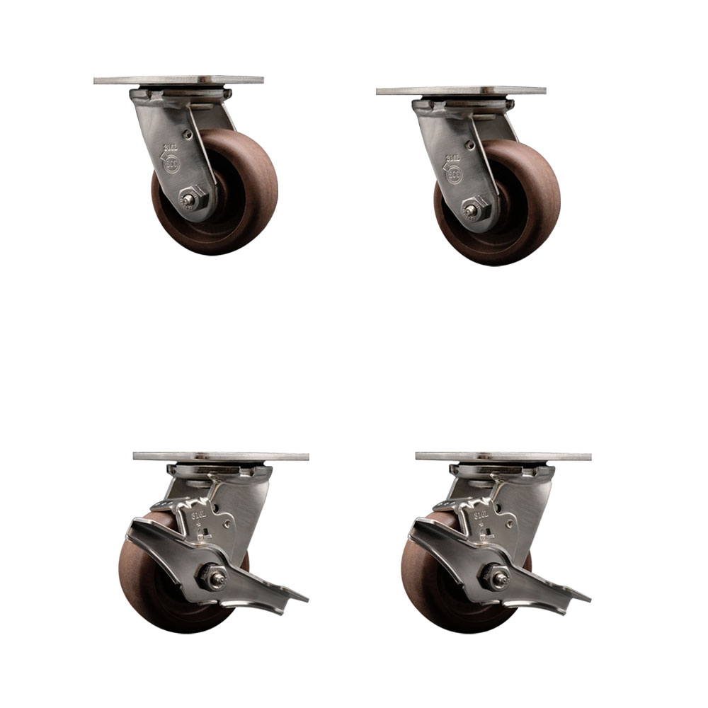 316 Stainless Steel Heavy Duty Swivel Caster Set of 4 with 4 Inch High Temperature Glass Filled Nylon Wheels-Includes 2 Swivel with Brakes and 2 Swivel-2,400 lbs. Total Capacity - Service Caster Brand — photo 1