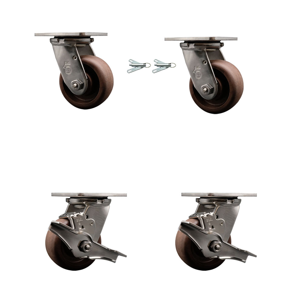 316 Stainless Steel Heavy Duty Swivel Caster Set with 4 Inch High Temperature Glass Filled Nylon Wheels - Includes 2 Swivel with Bolt on Swivel Locks and 2 Swivel with Brakes - Service Caster Brand — photo 1
