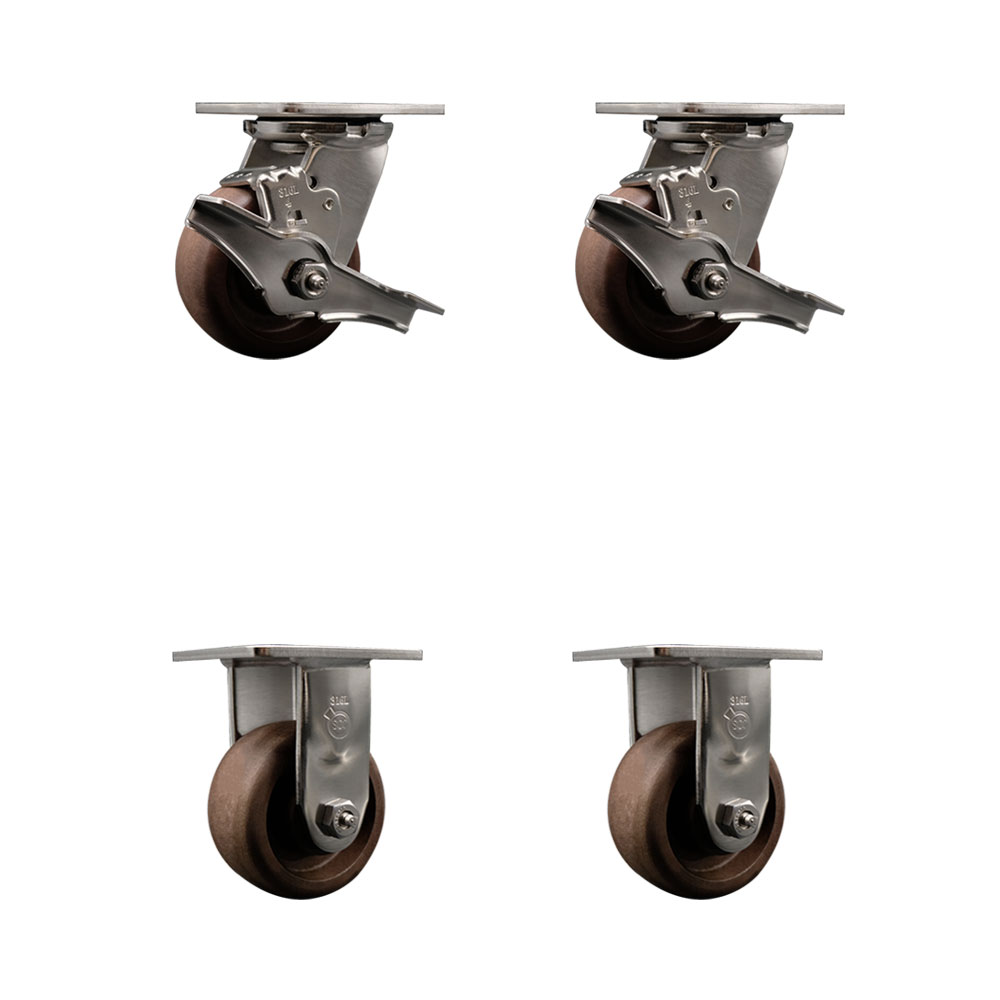 316 Stainless Steel Heavy Duty Swivel Caster Set of 4 with 4 Inch High Temperature Glass Filled Nylon Wheels-Includes 2 Swivel with Brakes and 2 Rigid- 2,400 lbs. Total Capacity - Service Caster Brand — photo 1