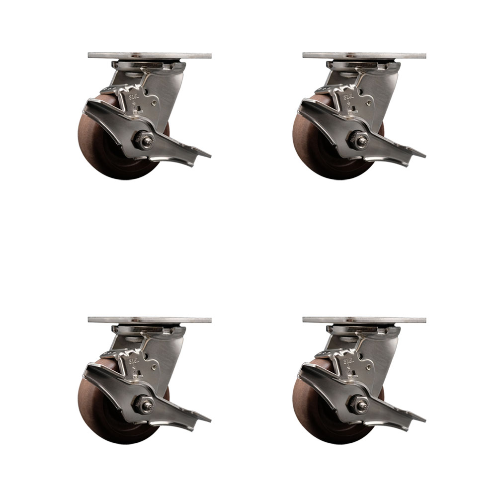 316 Stainless Steel Heavy Duty Swivel Caster Set of 4 with 4 Inch High Temperature Glass Filled Nylon Wheels - Includes 4 Swivel with Top Lock Brakes - 2,400 lbs. Total Capacity - Service Caster Brand — photo 1