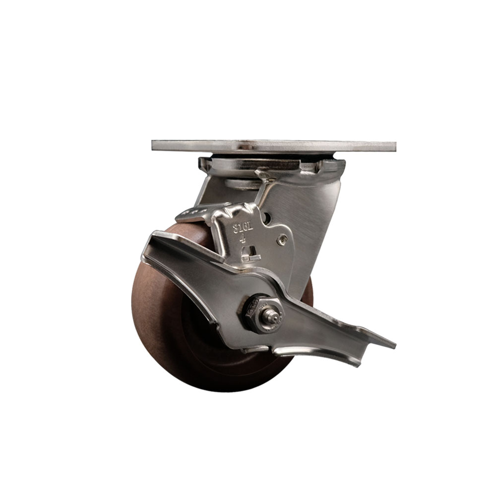 316 Stainless Steel Heavy Duty Swivel Top Plate Caster with Top Lock Brake and 4 Inch High Temperature Glass Filled Nylon Wheel - 600 lbs. Capacity/Caster - Service Caster Brand — photo 1
