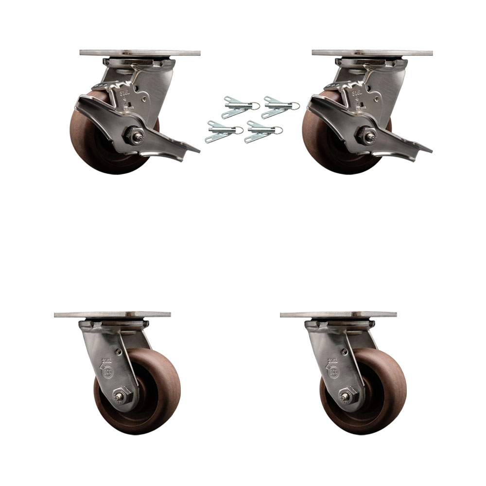 316 Stainless Heavy Duty Swivel Caster Set with 4 Inch High Temp Glass Filled Nylon Wheel-Include 2 Swivel with Brake and Bolt on Swivel Lock and 2 Swivel with Bolt on Swivel Lock-Service Caster Brand — photo 1