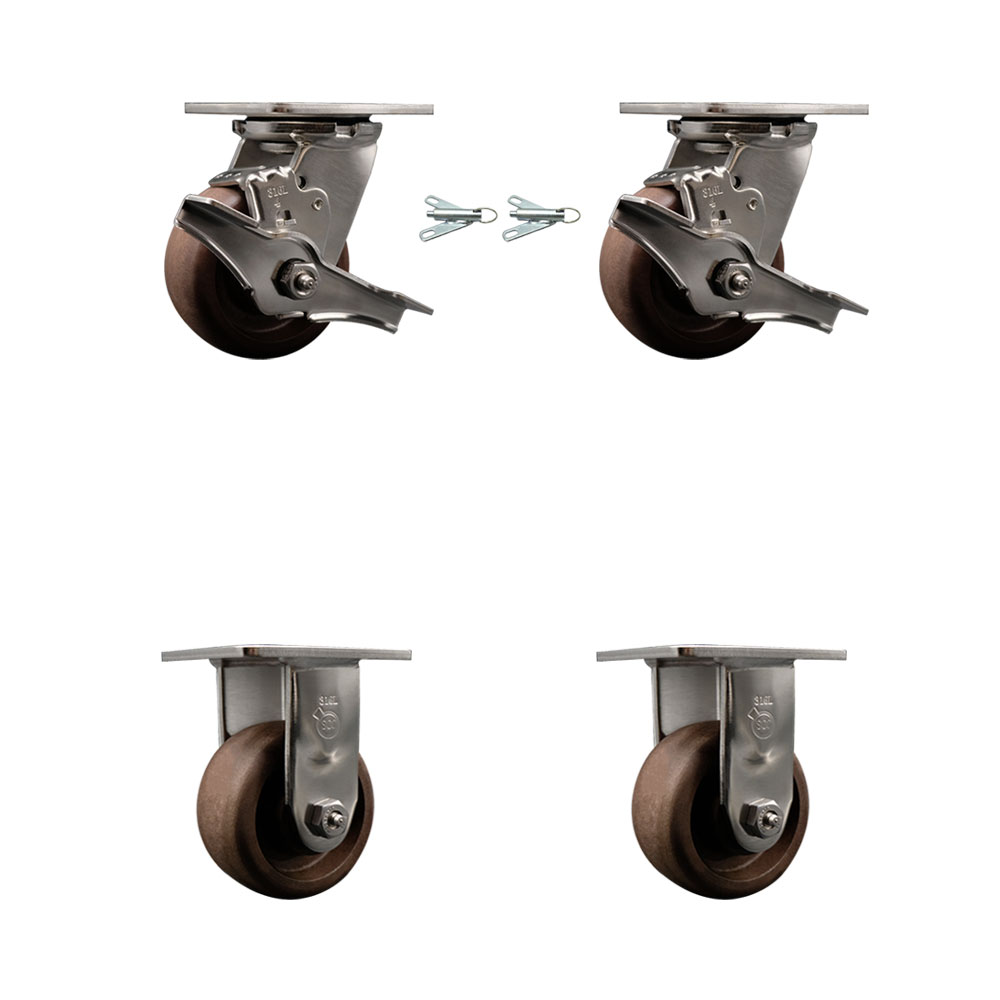 316 Stainless Steel Heavy Duty Swivel Caster Set with 4 Inch High Temperature Glass Filled Nylon Wheels - Includes 2 Swivel with Brakes and Bolt on Swivel Locks and 2 Rigid - Service Caster Brand — photo 1