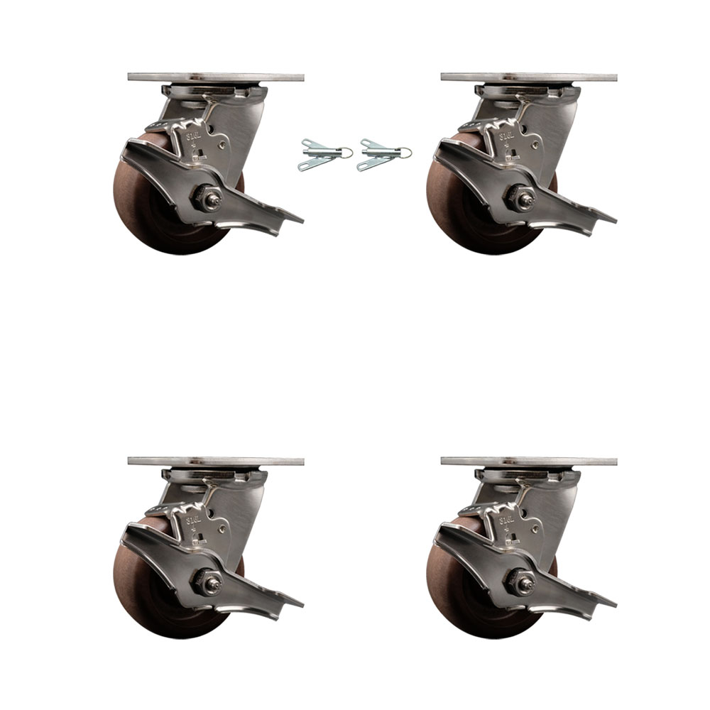 316 Stainless Steel Heavy Duty Swivel Caster Set with 4 Inch High Temp Glass Filled Nylon Wheels - Includes 2 Swivel with Brakes and Bolt on Swivel Locks and 2 Swivel with Brakes- Service Caster Brand — photo 1