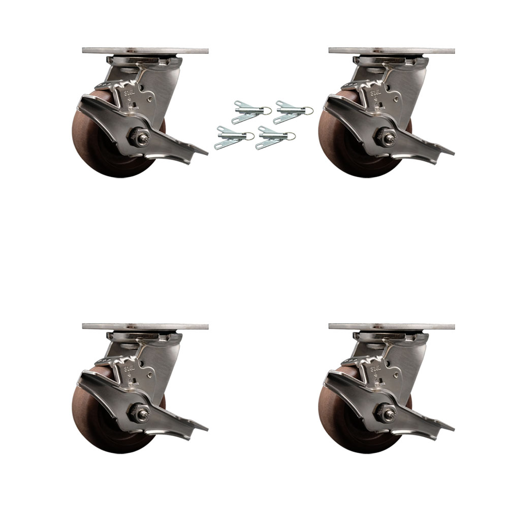 316 Stainless Steel Heavy Duty Swivel Caster Set of 4 with 4 Inch High Temperature Glass Filled Nylon Wheels - Includes 4 Swivel with Top Lock Brakes and Bolt on Swivel Locks - Service Caster Brand — photo 1