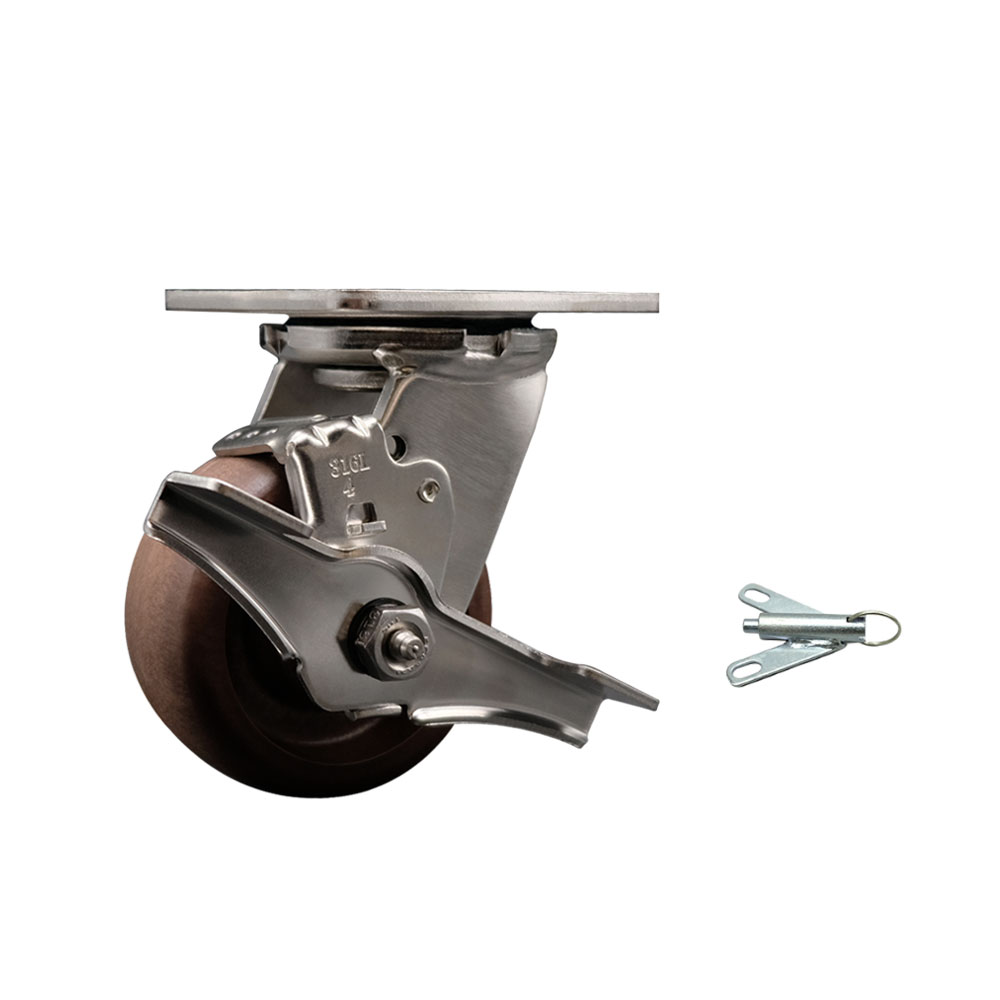 316 Stainless Steel Heavy Duty Swivel Top Plate Caster with Top Lock Brake and Bolt on Swivel Lock and 4 Inch High Temperature Glass Filled Nylon Wheel - 600 lbs. Capacity/Caster- Service Caster Brand — photo 1