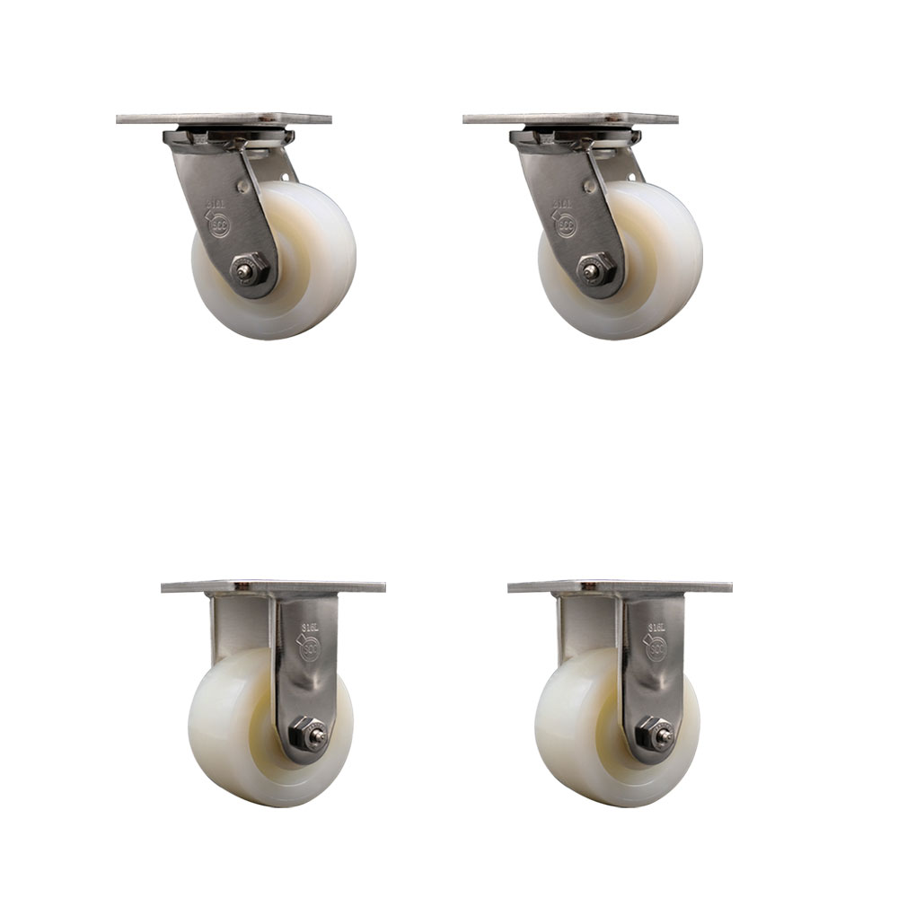 316 Stainless Steel Heavy Duty Swivel Caster Set of 4 with 4 Inch Nylon Wheels and Ball Bearings - Includes 2 Swivel and 2 Rigid - 3,200 lbs. Total Capacity - Service Caster Brand — photo 1