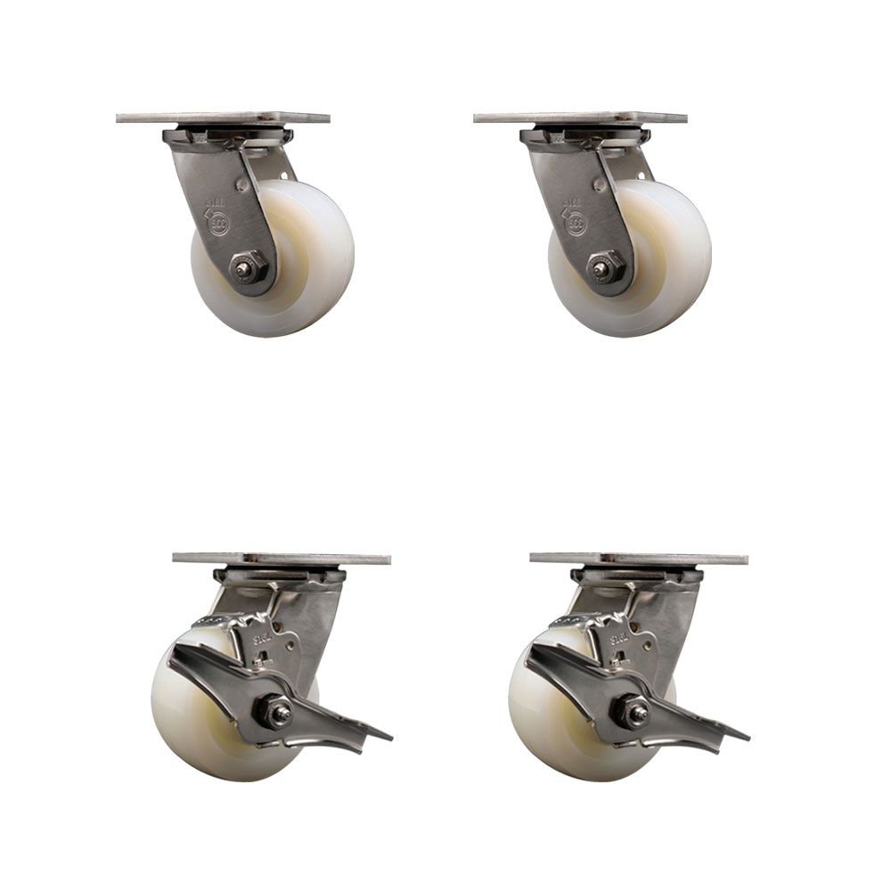 316 Stainless Steel Heavy Duty Swivel Caster Set of 4 with 4 Inch Nylon Wheels and Ball Bearings - Includes 2 Swivel with Brakes and 2 Swivel - 3,200 lbs. Total Capacity - Service Caster Brand — photo 1
