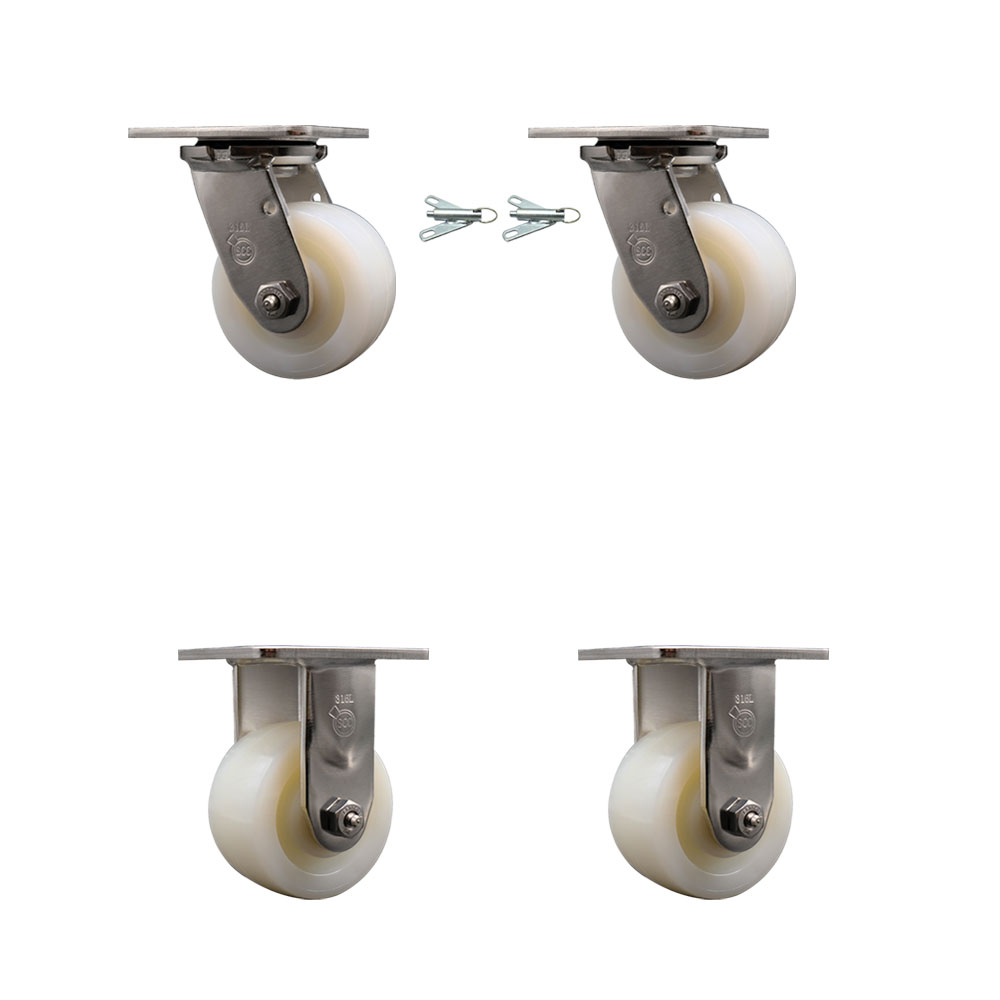 316 Stainless Steel Heavy Duty Swivel Caster Set of 4 with 4 Inch Nylon Wheels and Ball Bearings - Includes 2 Swivel with Bolt on Swivel Locks and 2 Rigid - Service Caster Brand — photo 1