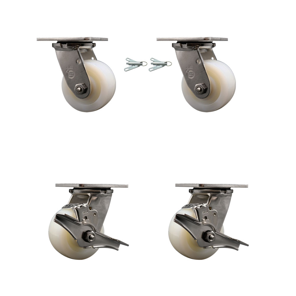 316 Stainless Steel Heavy Duty Swivel Caster Set with 4 Inch Nylon Wheels - Includes 2 Swivel with Bolt on Swivel Locks and 2 Swivel with Brakes - 3,200 lbs. Total Capacity - Service Caster Brand — photo 1