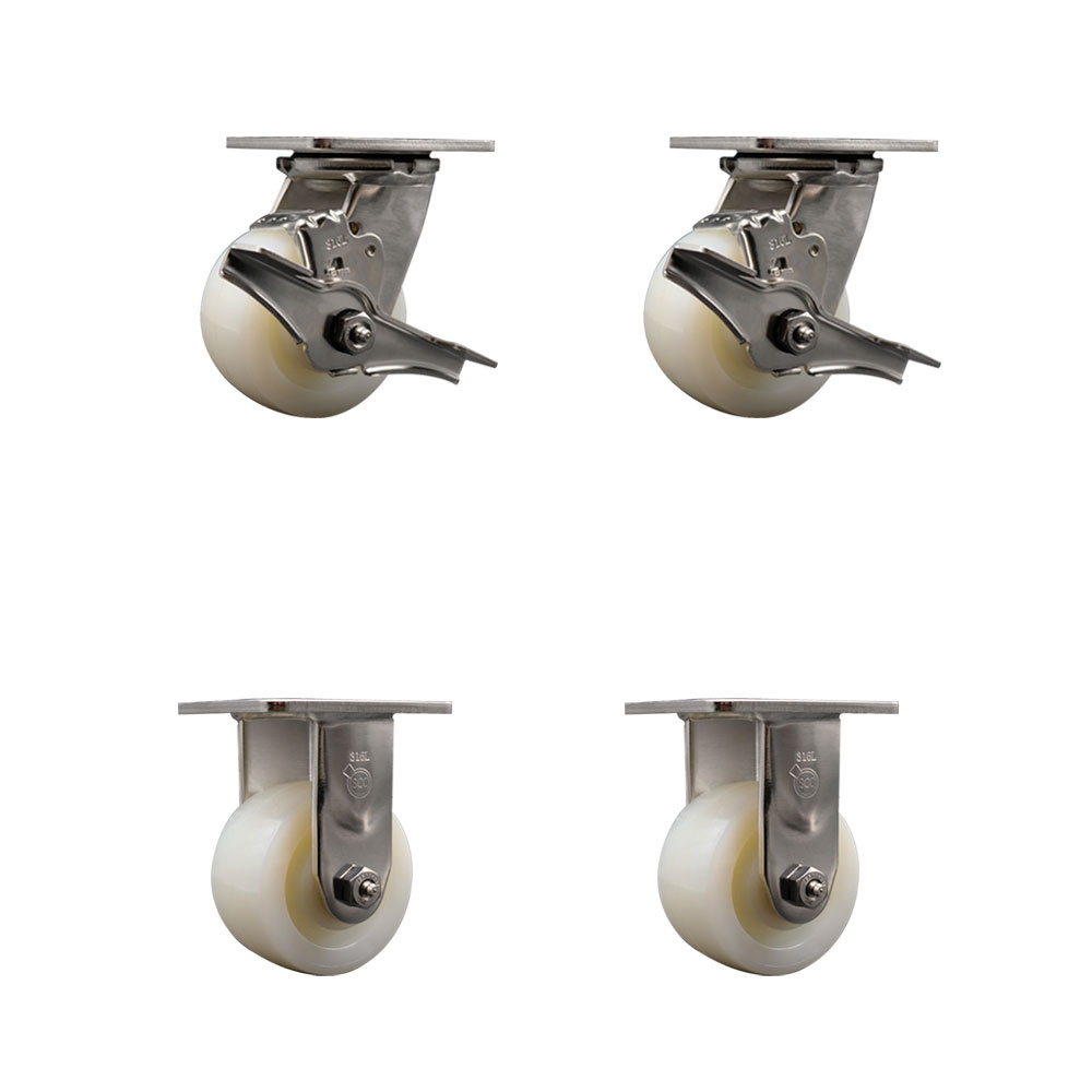 316 Stainless Steel Heavy Duty Swivel Caster Set of 4 with 4 Inch Nylon Wheels and Ball Bearings - Includes 2 Swivel with Brakes and 2 Rigid - 3,200 lbs. Total Capacity - Service Caster Brand — photo 1