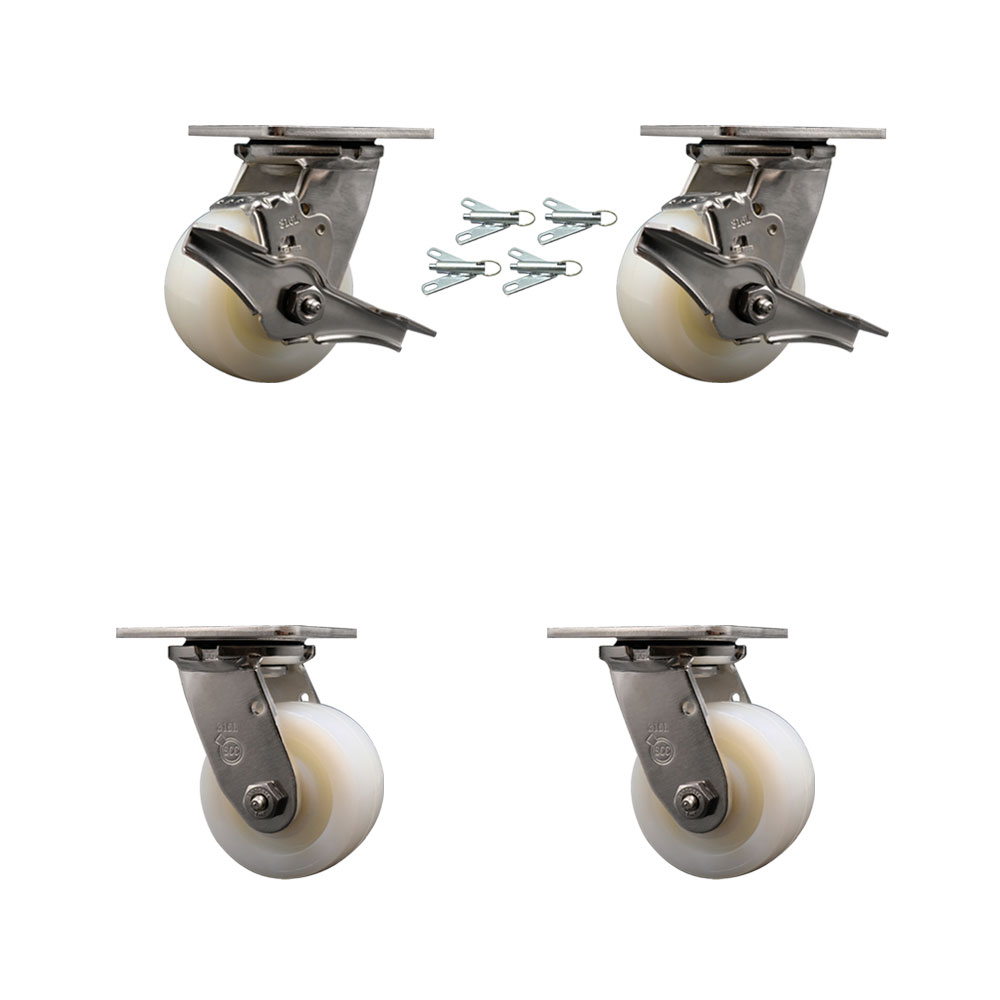 316 Stainless Heavy Duty Swivel Caster Set with 4 Inch Nylon Wheels - Includes 2 Swivel with Brakes and Bolt on Swivel Locks and 2 Swivel with Bolt on Swivel Locks - Service Caster Brand — photo 1