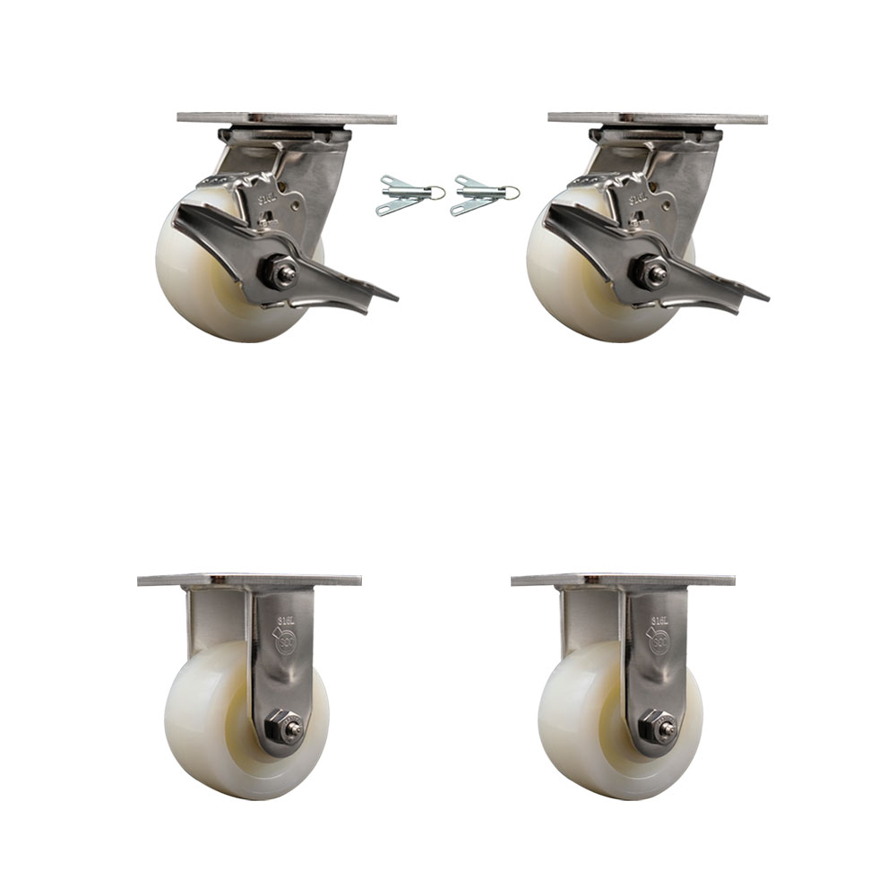 316 Stainless Steel Heavy Duty Swivel Caster Set with 4 Inch Nylon Wheels - Includes 2 Swivel with Brakes and Bolt on Swivel Locks and 2 Rigid - 3,200 lbs. Total Capacity - Service Caster Brand — photo 1