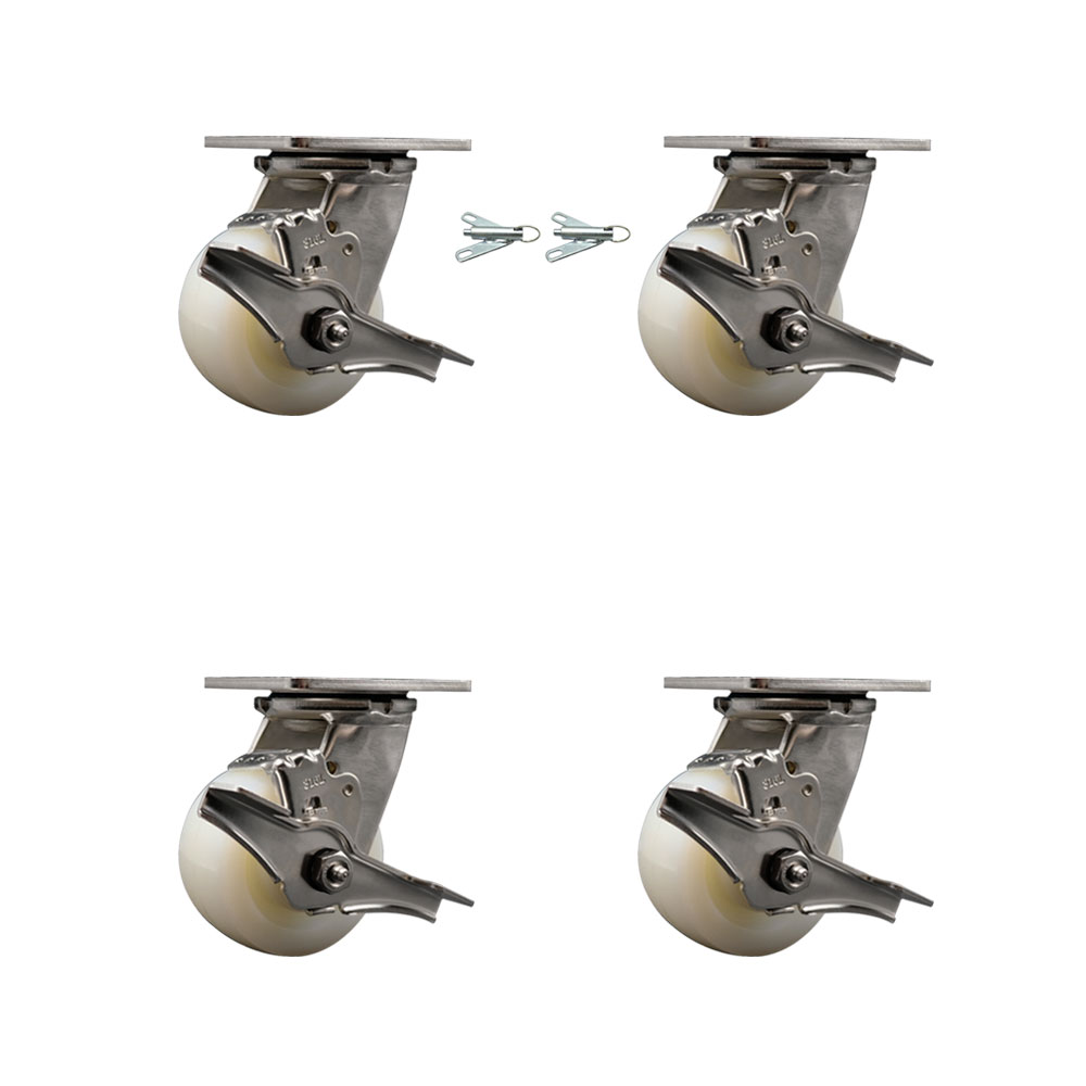 316 Stainless Steel Heavy Duty Swivel Caster Set with 4 Inch Nylon Wheels and Ball Bearings - Includes 2 Swivel with Brakes and Bolt on Swivel Locks and 2 Swivel with Brakes - Service Caster Brand — photo 1