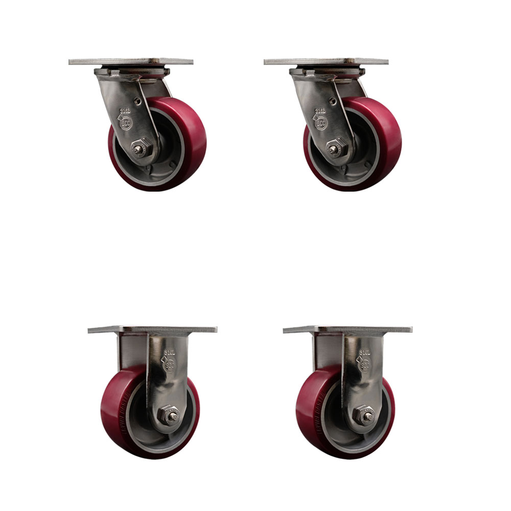 316 Stainless Steel Heavy Duty Swivel Caster Set of 4 with 4 Inch Polyurethane on Aluminum Wheels - Includes 2 Swivel and 2 Rigid - 2,800 lbs. Total Capacity - Service Caster Brand — photo 1
