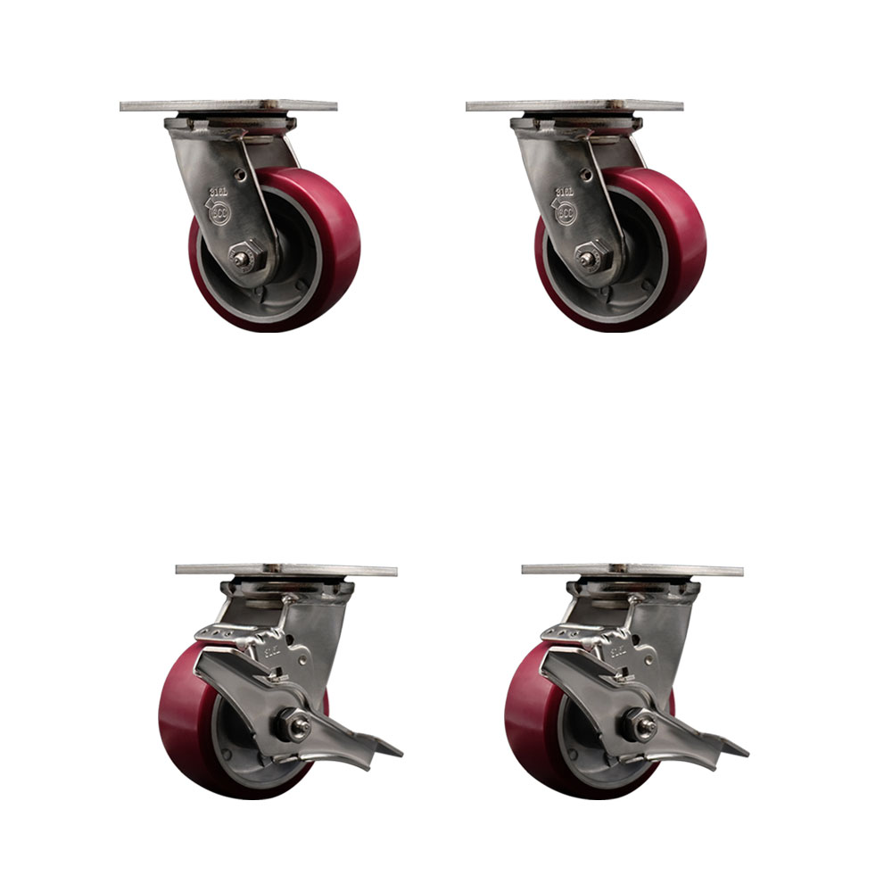 316 Stainless Steel Heavy Duty Swivel Caster Set of 4 with 4 Inch Polyurethane on Aluminum Wheels and Delrin Bearings - Includes 2 Swivel with Brakes and 2 Swivel - Service Caster Brand — photo 1