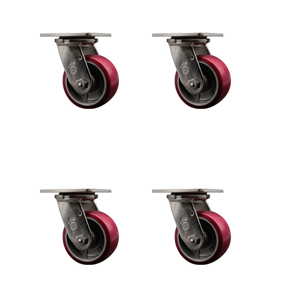 316 Stainless Steel Heavy Duty Swivel Caster Set of 4 with 4 Inch Polyurethane on Aluminum Wheels and Ball Bearings - Includes 4 Swivel - 2,800 lbs. Total Capacity - Service Caster Brand — photo 1
