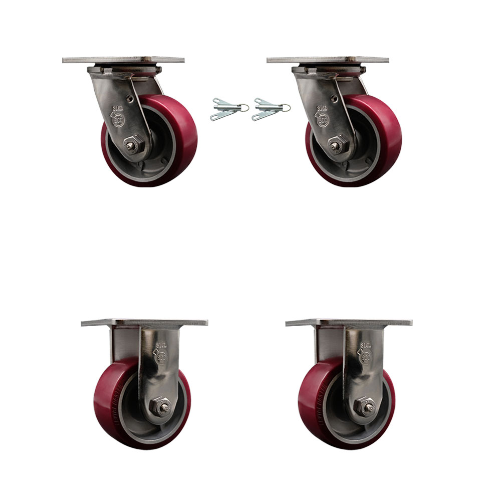 316 Stainless Steel Heavy Duty Swivel Caster Set of 4 with 4 Inch Polyurethane on Aluminum Wheels and Ball Bearings - Includes 2 Swivel with Bolt on Swivel Locks and 2 Rigid - Service Caster Brand — photo 1