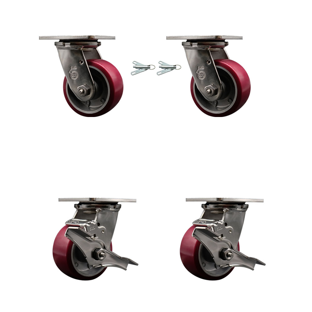 316 Stainless Steel Heavy Duty Swivel Caster Set with 4 Inch Polyurethane on Aluminum Wheels and Delrin Bearings-Include 2 Swivel with Bolt on Swivel Locks and 2 Swivel with Brake-Service Caster Brand — photo 1