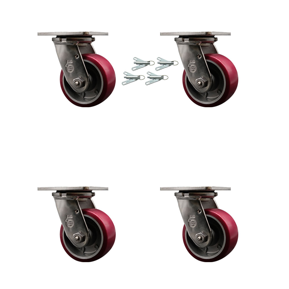 316 Stainless Steel Heavy Duty Swivel Caster Set of 4 with 4 Inch Polyurethane on Aluminum Wheels and Ball Bearings - Includes 4 Swivel with Bolt on Swivel Locks - Service Caster Brand — photo 1