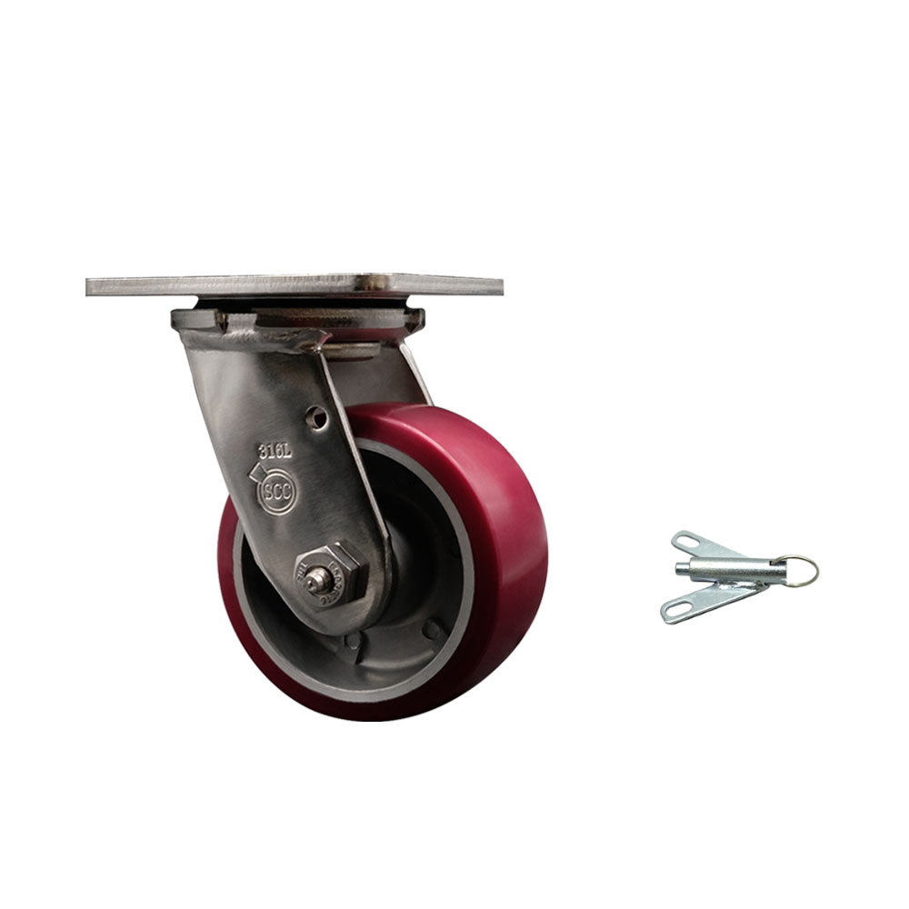 316 Stainless Steel Heavy Duty Swivel Top Plate Caster with Bolt on Swivel Lock and 4 Inch Polyurethane on Aluminum Wheel with Ball Bearings - 700 lbs. Capacity/Caster - Service Caster Brand — photo 1