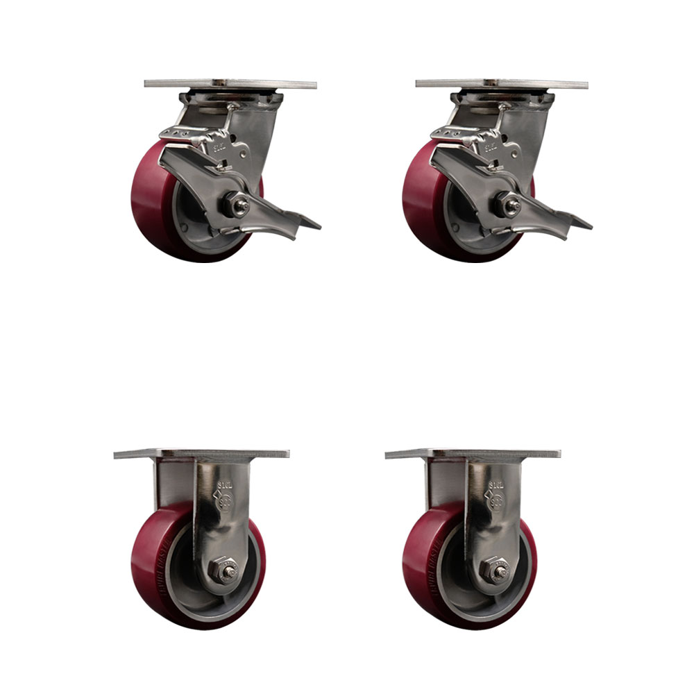 316 Stainless Steel Heavy Duty Swivel Caster Set of 4 with 4 Inch Polyurethane on Aluminum Wheels and Delrin Bearings - Includes 2 Swivel with Brakes and 2 Rigid - Service Caster Brand — photo 1