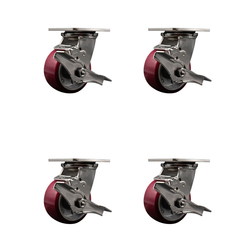 316 Stainless Steel Heavy Duty Swivel Caster Set of 4 with 4 Inch Polyurethane on Aluminum Wheels - Includes 4 Swivel with Top Lock Brakes - 2,800 lbs. Total Capacity - Service Caster Brand — photo 1