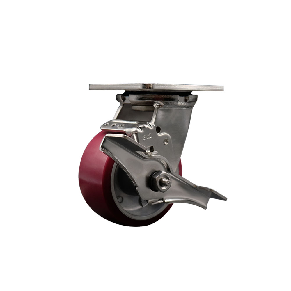 316 Stainless Steel Heavy Duty Swivel Top Plate Caster with Top Lock Brake and 4 Inch Polyurethane on Aluminum Wheel with Ball Bearings - 700 lbs. Capacity/Caster - Service Caster Brand — photo 1
