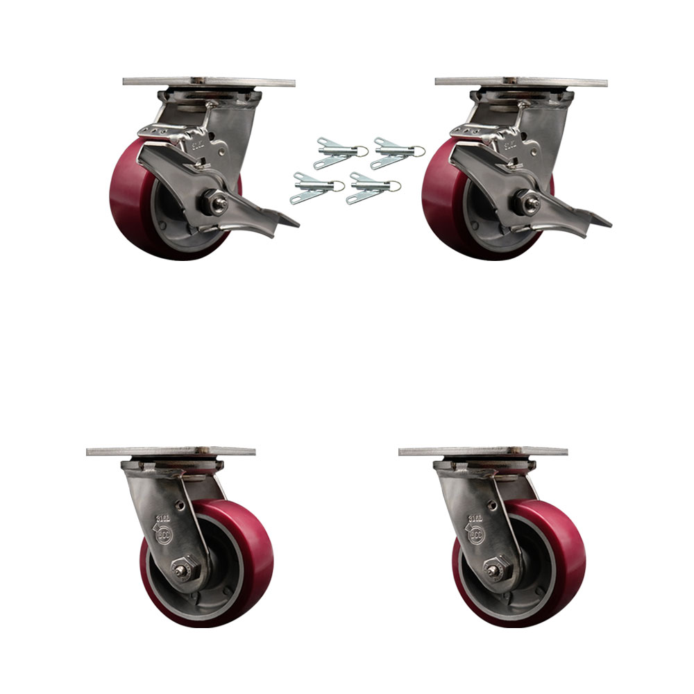316 Stainless Heavy Duty Swivel Caster Set with 4 Inch Poly on Aluminum Wheels and Ball Bearing-Include 2 Swivel w/Brake and Bolt on Swivel Lock and 2 Swivel w/Bolt on Swivel Lock-Service Caster Brand — photo 1