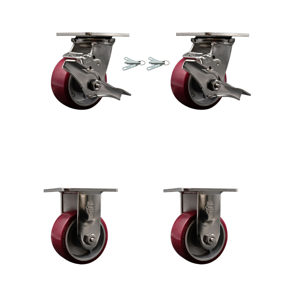 316 Stainless Steel Heavy Duty Swivel Caster Set with 4 Inch Polyurethane on Aluminum Wheels - Includes 2 Swivel with Brakes and Bolt on Swivel Locks and 2 Rigid - Service Caster Brand — photo 1