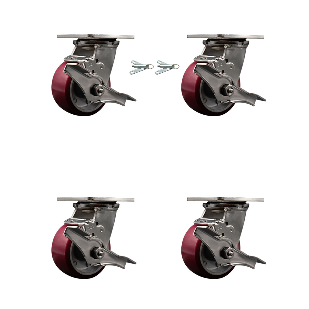 316 Stainless Steel Heavy Duty Swivel Caster Set with 4 Inch Polyurethane on Aluminum Wheels and Delrin Bearing-Include 2 Swivel w/Brake & Bolt on Swivel Lock and 2 Swivel w/Brake-Service Caster Brand — photo 1