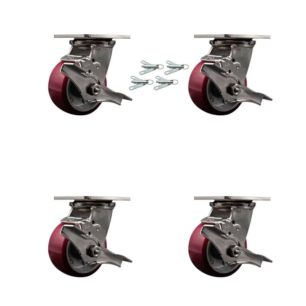 316 Stainless Steel Heavy Duty Swivel Caster Set of 4 with 4 Inch Polyurethane on Aluminum Wheels and Delrin Bearings-Include 4 Swivel with Top Lock Brakes and Bolt on Swivel Lock-Service Caster Brand — photo 1